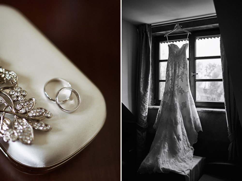 zdjęcia ślubne - dyptyk - obrączki oraz suknia ślubna